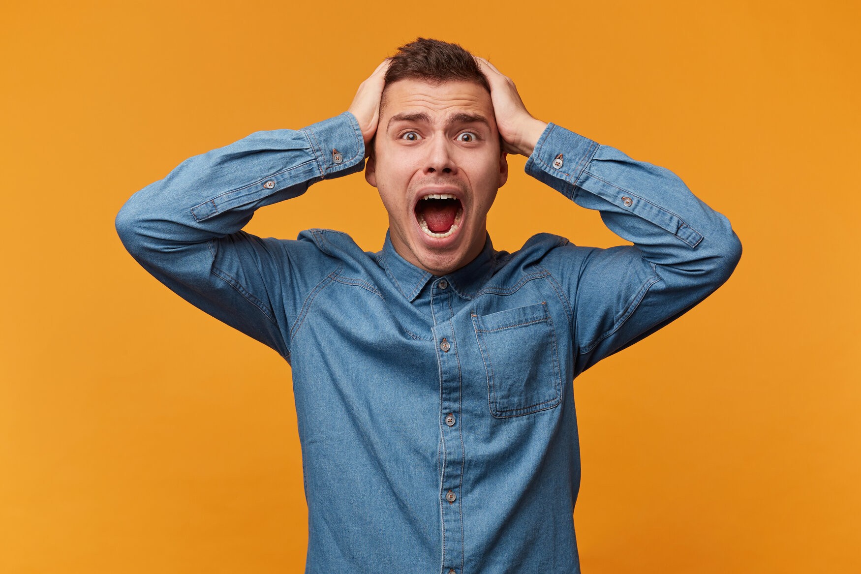 Lady with plaster on nose, doctor examining patients face after plastic surgery rsz man panic grabbed his head loudly screaming defeat collapse fail had happened wearing denim shirt